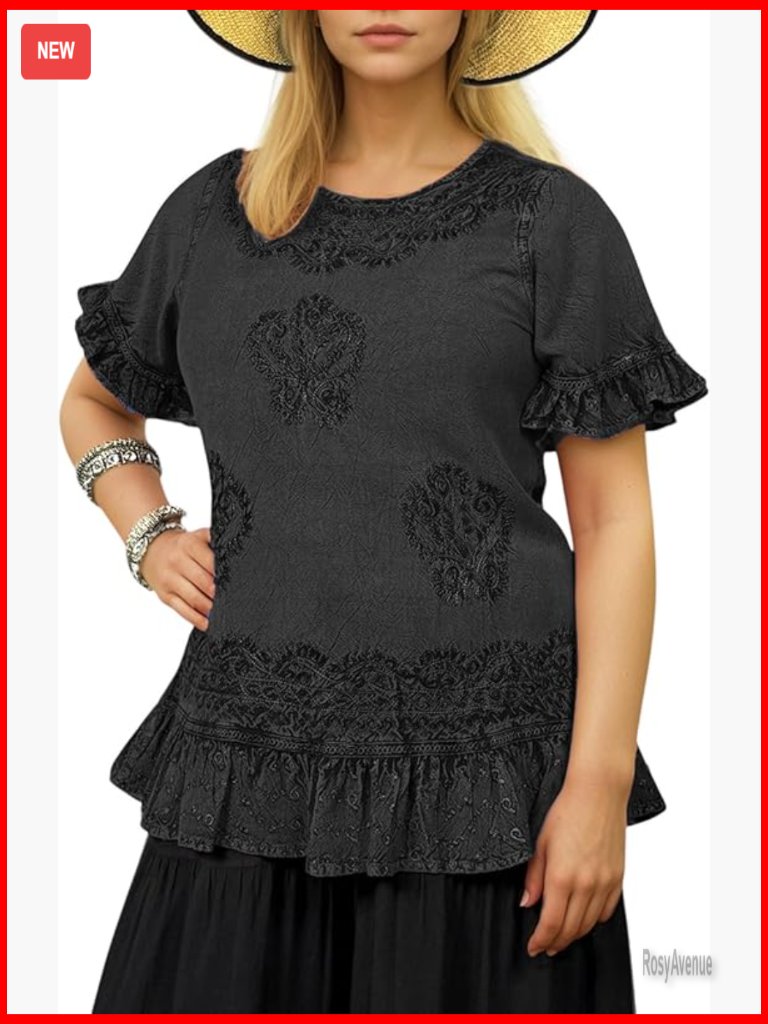 Boho Embroidered Rayon Blouse Peasant Top Scoop Neck Short Sleeve